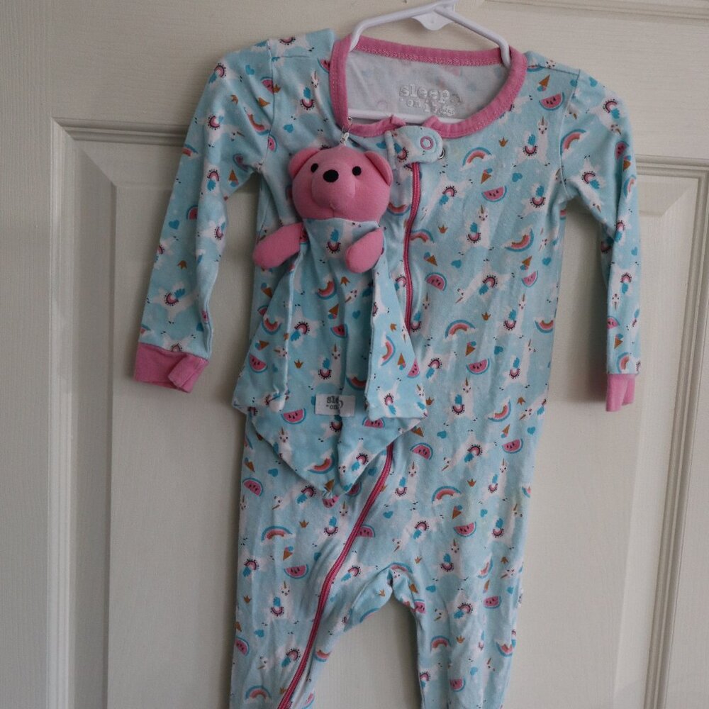 Blue and Pink llama jersey sleeper with matching bear lovey 24m